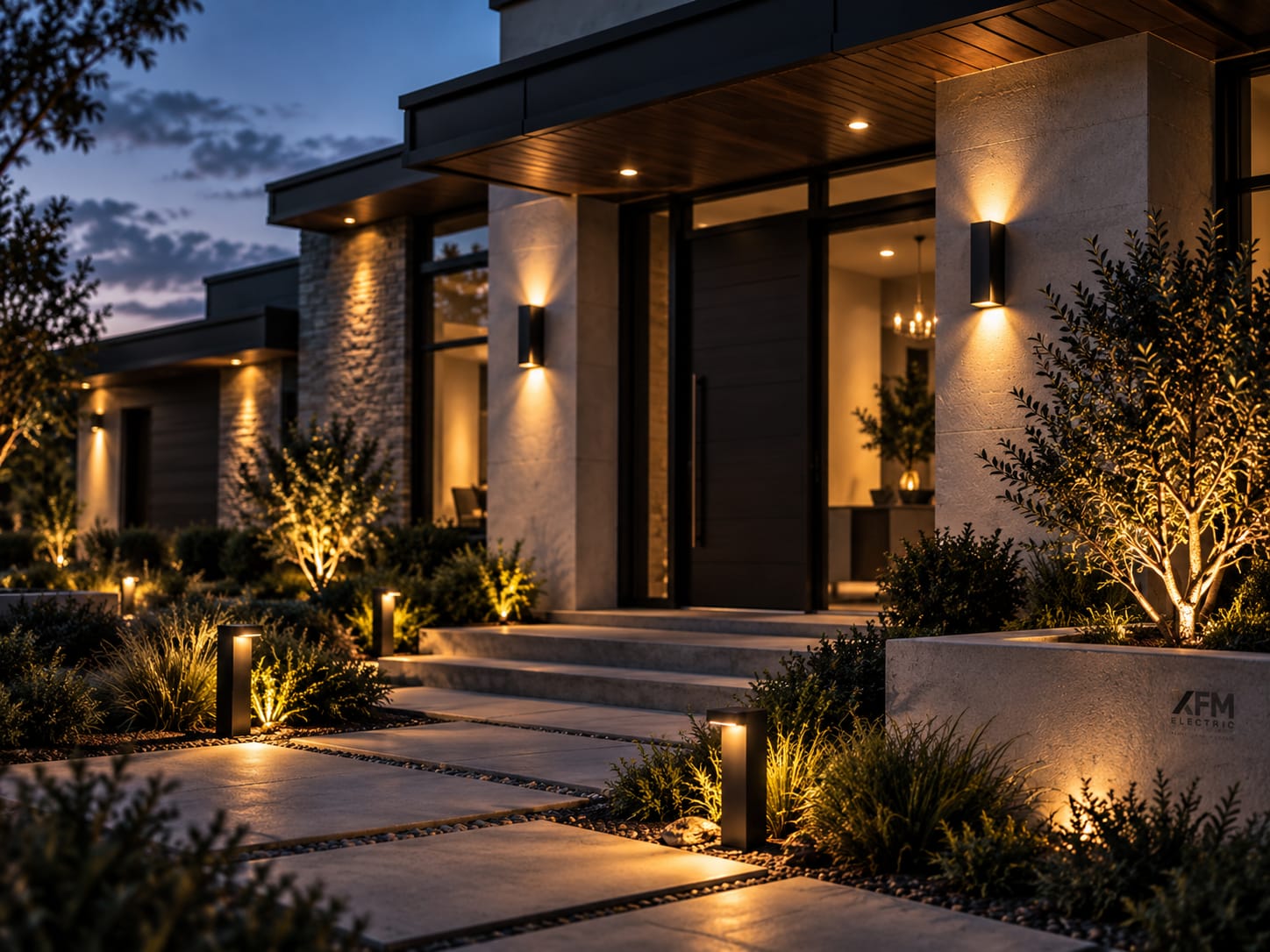 Exterior and landscape lighting at a home at dusk